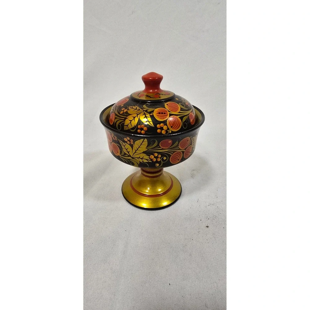 Vtg Russian Khokhloma hand-painted lacquer 2 wooden spoons & 2 lidded‎ container